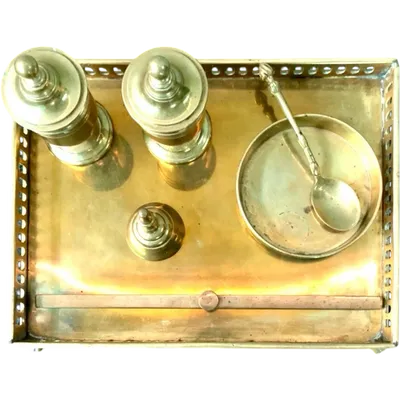 Inkwell—Bronze desk set with an openwork tray, lion-shaped legs, and various pieces