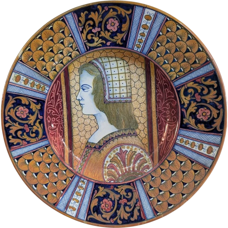 Large Rubboli-glazed plate with a Renaissance-style female profile – Gualdo Tadino, mid-19th century