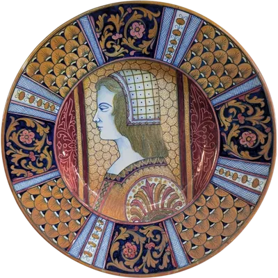 Large Rubboli-glazed plate with a Renaissance-style female profile – Gualdo Tadino, mid-19th century