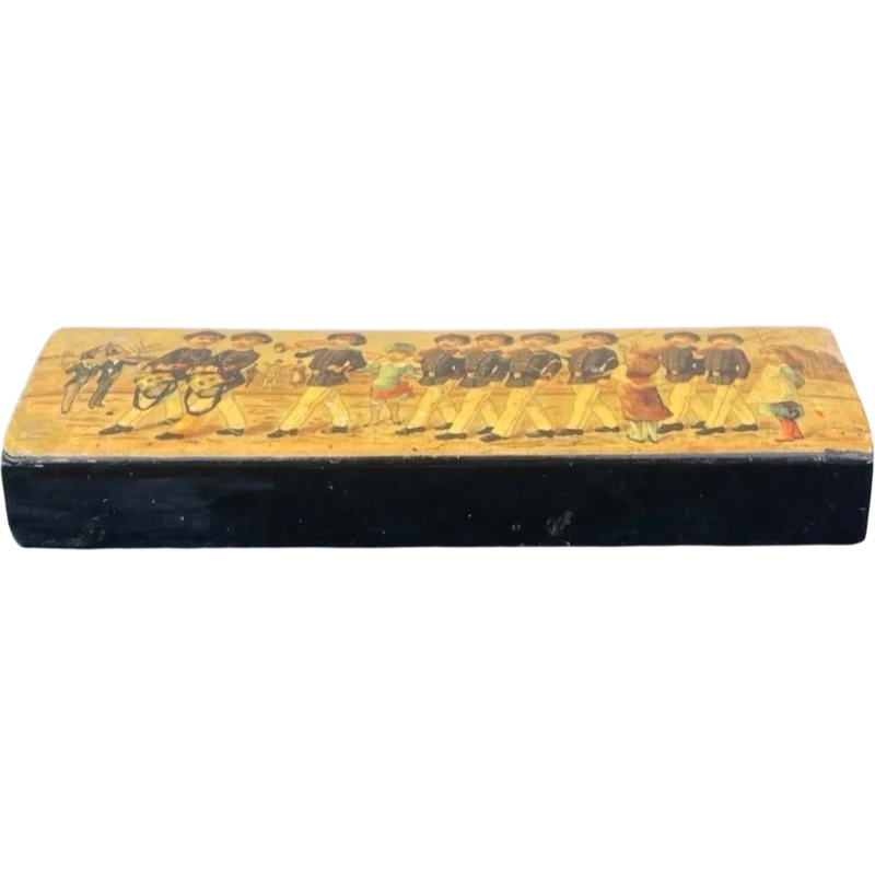 A papier-mâché box depicting a school battalion.