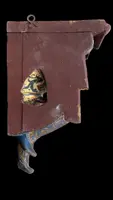 Carved and painted wooden corner shelf with an engraved top and gold-leaf details