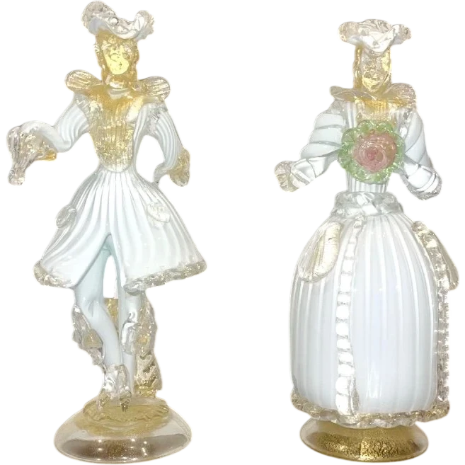 Coppia maschile e femminile - maschere goldoniane in vetro con foglia oro e lattimo.