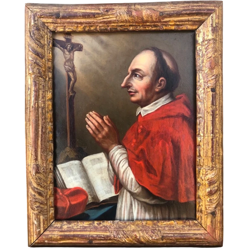 Dipinto olio su rame raffigurante San Carlo Borromeo.