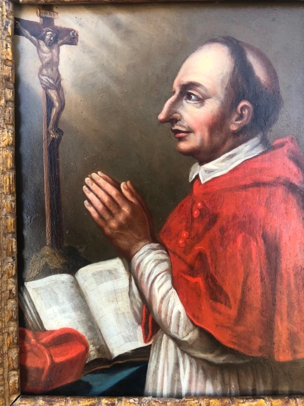 Dipinto olio su rame raffigurante San Carlo Borromeo.