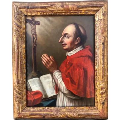Oil painting on copper depicting Saint Charles Borromeo.