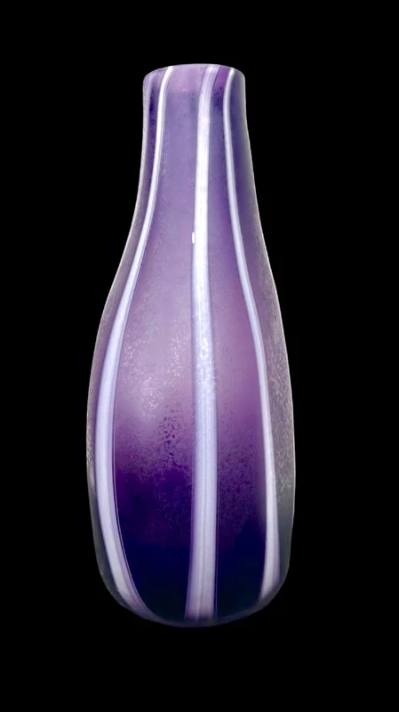 Amethyst-purple glass vase with etched, milky-white vertical bands. Dino Martens.