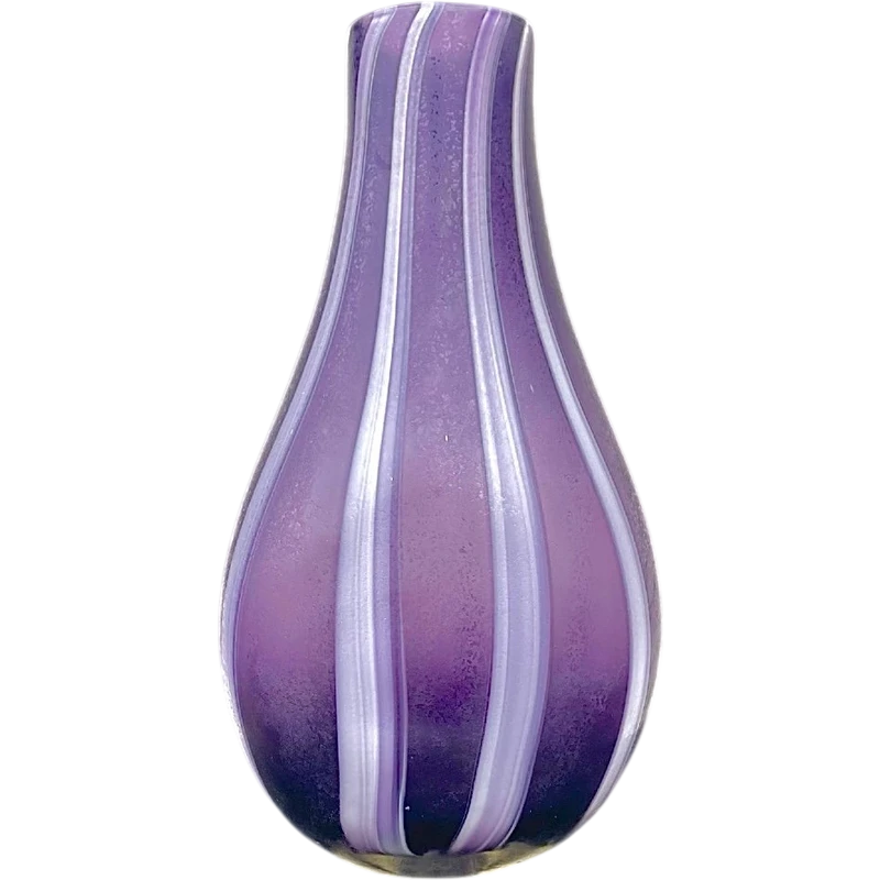 Amethyst-purple glass vase with etched, milky-white vertical bands. Dino Martens.