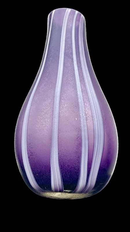 Amethyst-purple glass vase with etched, milky-white vertical bands. Dino Martens.