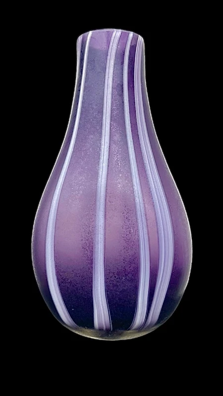 Amethyst-purple glass vase with etched, milky-white vertical bands. Dino Martens.