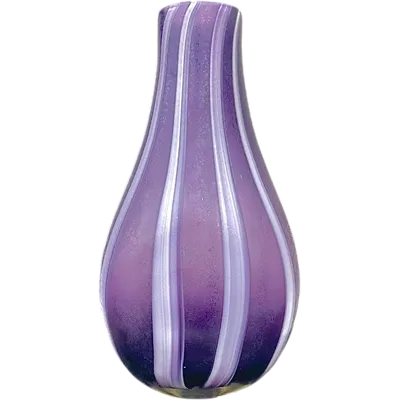 Amethyst-purple glass vase with etched, milky-white vertical bands. Dino Martens.