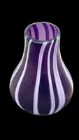Amethyst-purple glass vase with etched, milky-white vertical bands. Dino Martens.