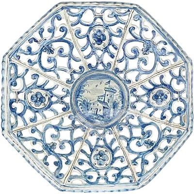 An octagonal plate made of openwork majolica with a monochrome blue rocaille design