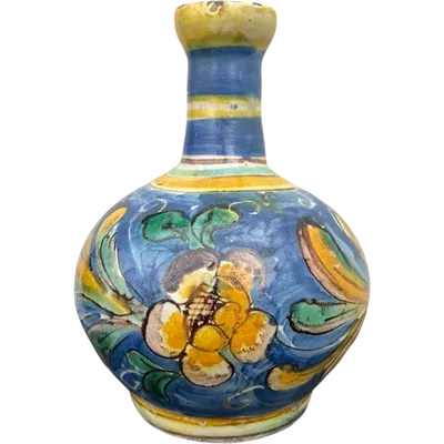 A majolica bottle-shaped vase with a globular body and a narrow neck featuring an outward-flaring rim.