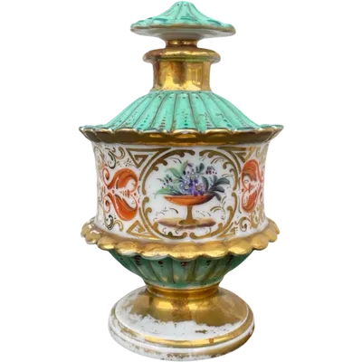 Oriental-inspired polychrome porcelain perfume bottle with a floral basket design