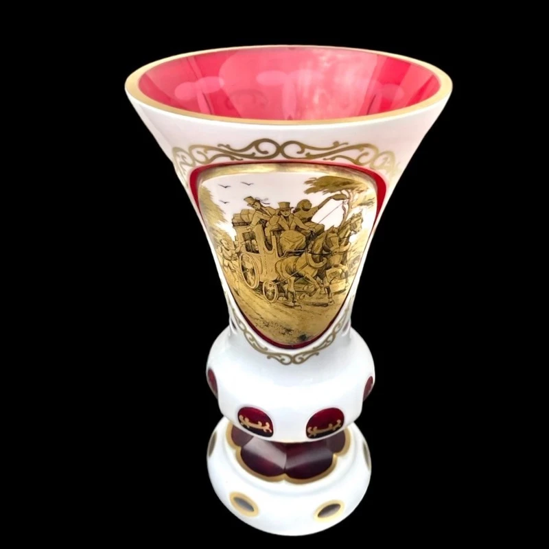 Double-walled, faceted crystal vase with a gilded medallion depicting a folk motif