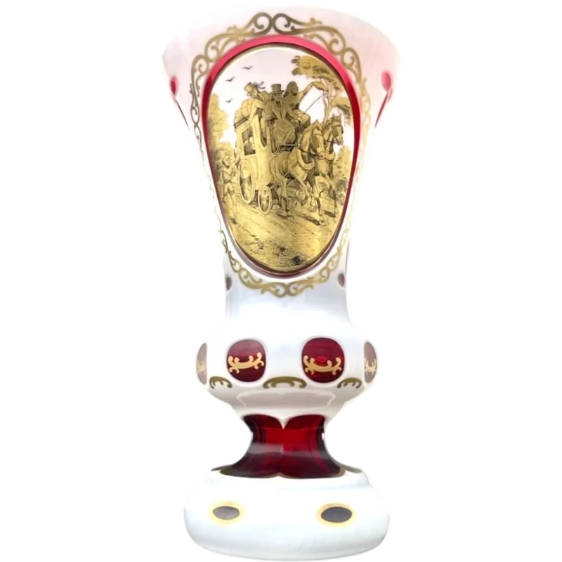 Double-walled, faceted crystal vase with a gilded medallion depicting a folk motif
