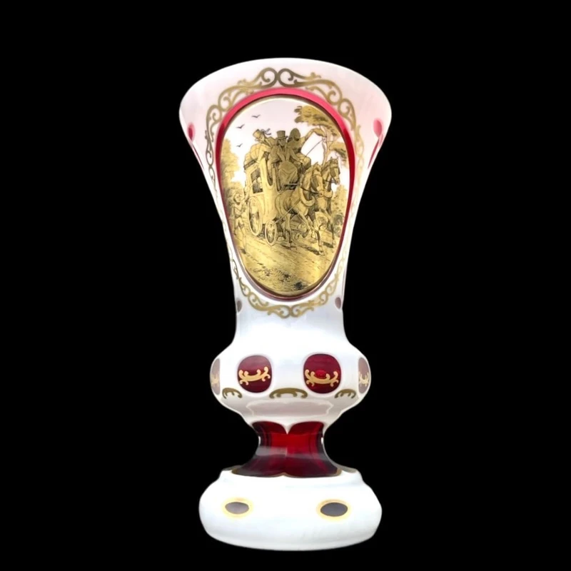 Double-walled, faceted crystal vase with a gilded medallion depicting a folk motif