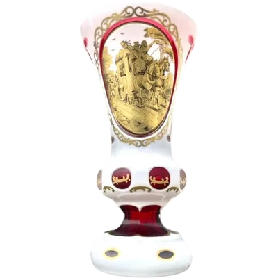 Double-walled, faceted crystal vase with a gilded medallion depicting a folk motif
