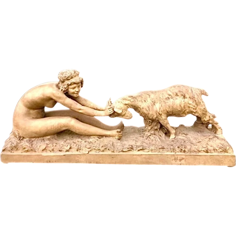 Terracotta sculpture, female figure with a billy goat, signed by Affortunato Gory