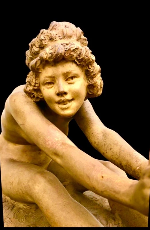 Terracotta sculpture, female figure with a billy goat, signed by Affortunato Gory