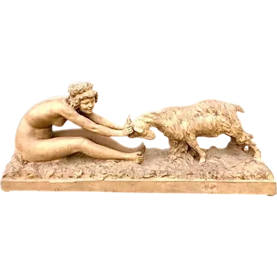 Terracotta sculpture, female figure with a billy goat, signed by Affortunato Gory