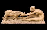 Terracotta sculpture, female figure with a billy goat, signed by Affortunato Gory