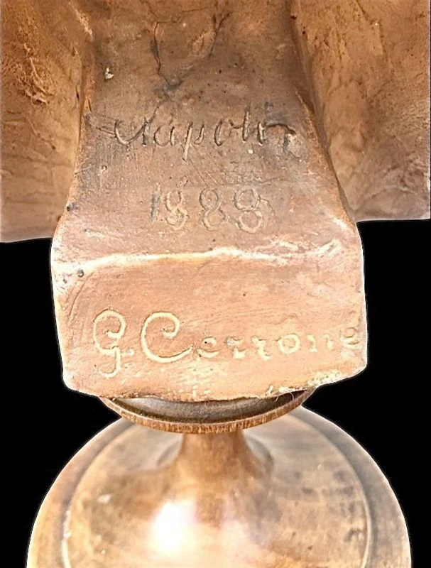 Terracotta bust depicting a young Giosue’ Carducci. Signed: G. Cerrone.