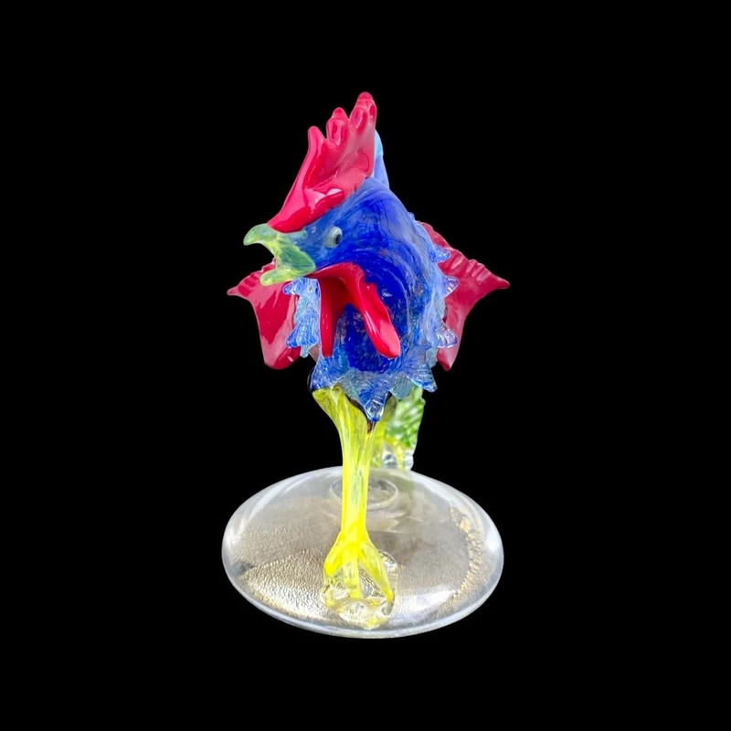 Coq en verre épais multicolore avec incrustation de feuille d'or.