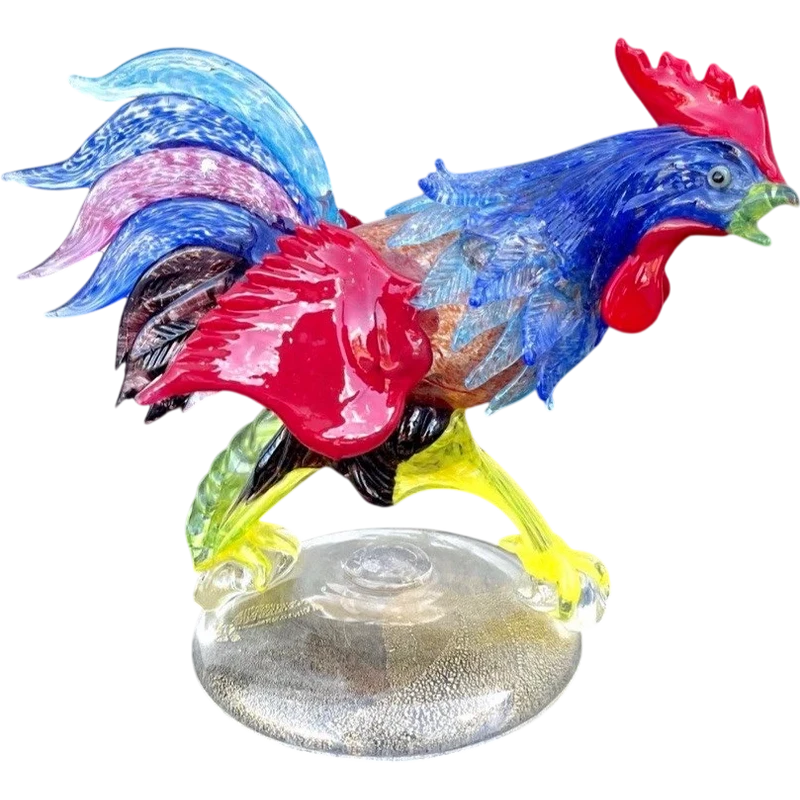 Coq en verre épais multicolore avec incrustation de feuille d'or.