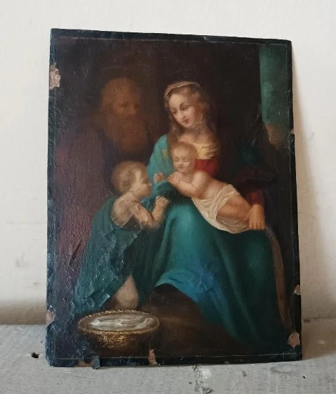 Antico dipinto su rame-sacra famiglia-