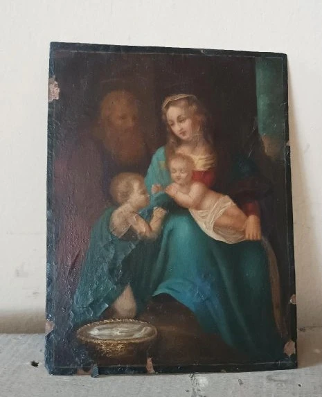 Antico dipinto su rame-sacra famiglia-