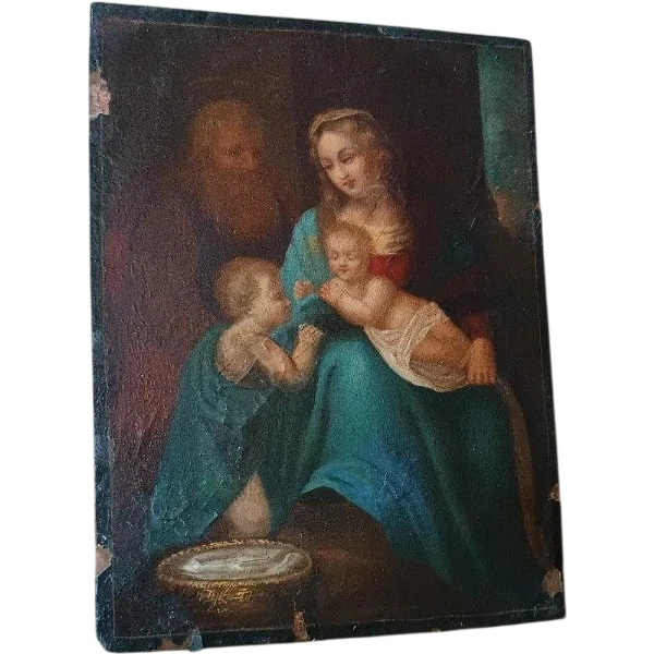 Antico dipinto su rame-sacra famiglia-