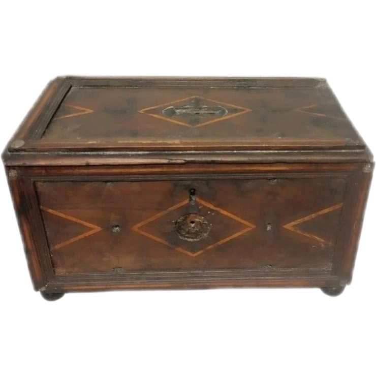 Antique 17th-century inlaid wooden alms box—L. 30, W. 20, H. 18