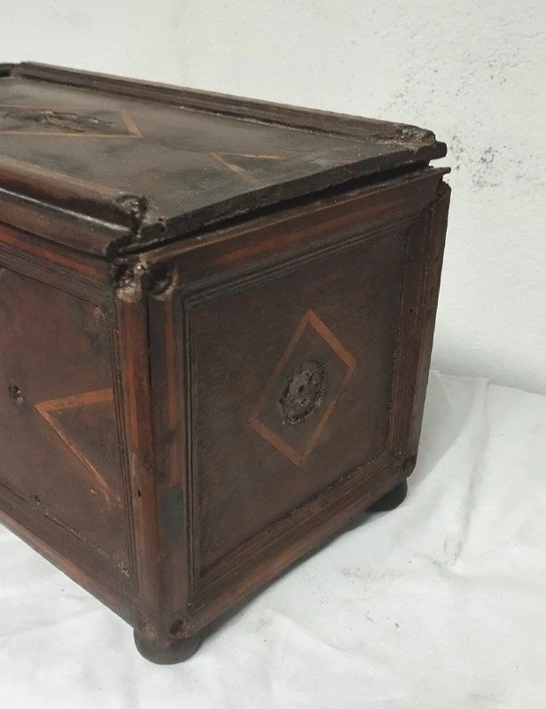 Antique 17th-century inlaid wooden alms box—L. 30, W. 20, H. 18