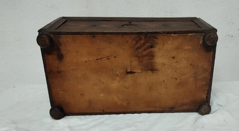 Antique 17th-century inlaid wooden alms box—L. 30, W. 20, H. 18