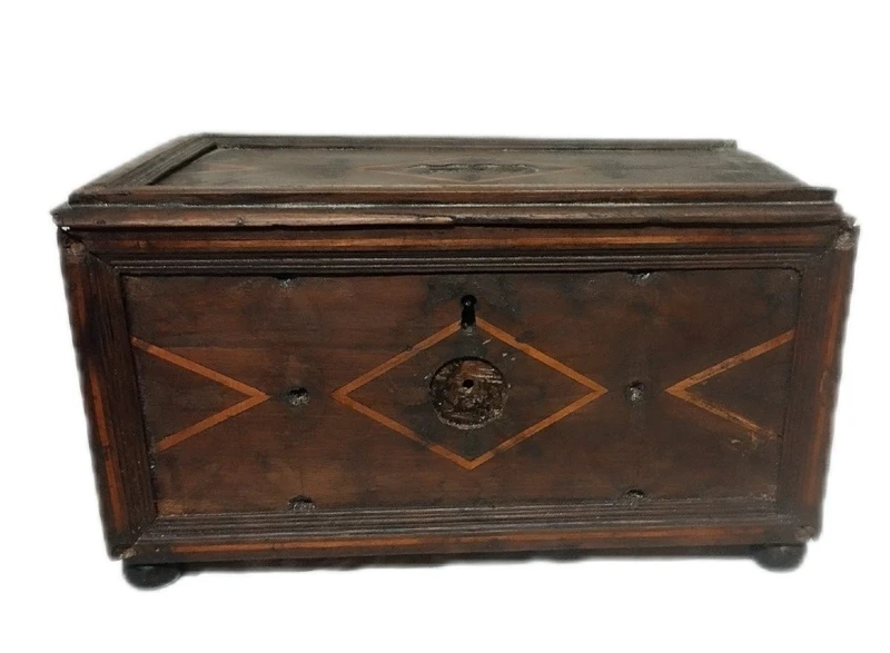 Antique 17th-century inlaid wooden alms box—L. 30, W. 20, H. 18