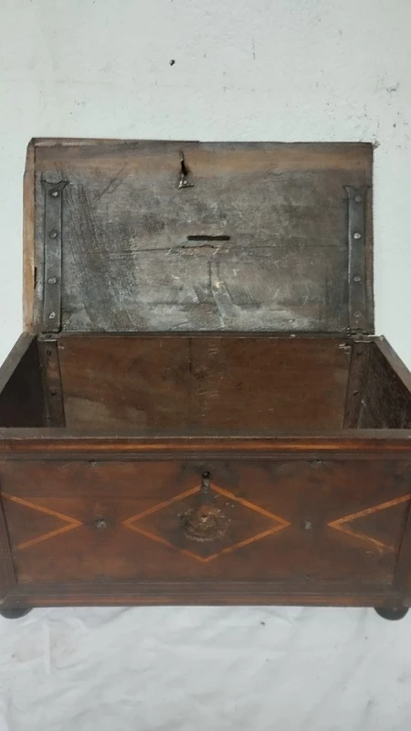 Antique 17th-century inlaid wooden alms box—L. 30, W. 20, H. 18