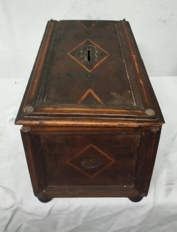 Antique 17th-century inlaid wooden alms box—L. 30, W. 20, H. 18