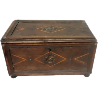 Antique 17th-century inlaid wooden alms box—L. 30, W. 20, H. 18