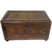Antique 17th-century inlaid wooden alms box—L. 30, W. 20, H. 18