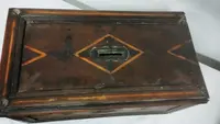 Antique 17th-century inlaid wooden alms box—L. 30, W. 20, H. 18