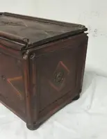 Antique 17th-century inlaid wooden alms box—L. 30, W. 20, H. 18