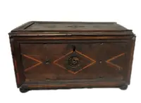 Antique 17th-century inlaid wooden alms box—L. 30, W. 20, H. 18
