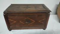 Antique 17th-century inlaid wooden alms box—L. 30, W. 20, H. 18