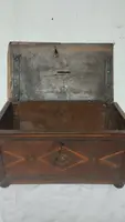 Antique 17th-century inlaid wooden alms box—L. 30, W. 20, H. 18