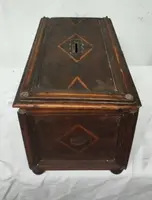 Antique 17th-century inlaid wooden alms box—L. 30, W. 20, H. 18