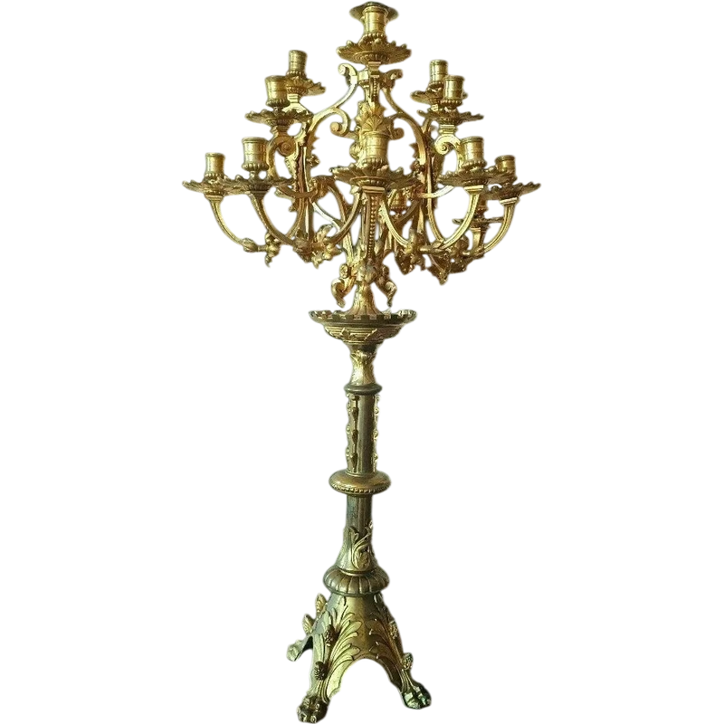 Large 15-light bronze candelabra, mid-1800s