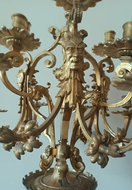Large 15-light bronze candelabra, mid-1800s
