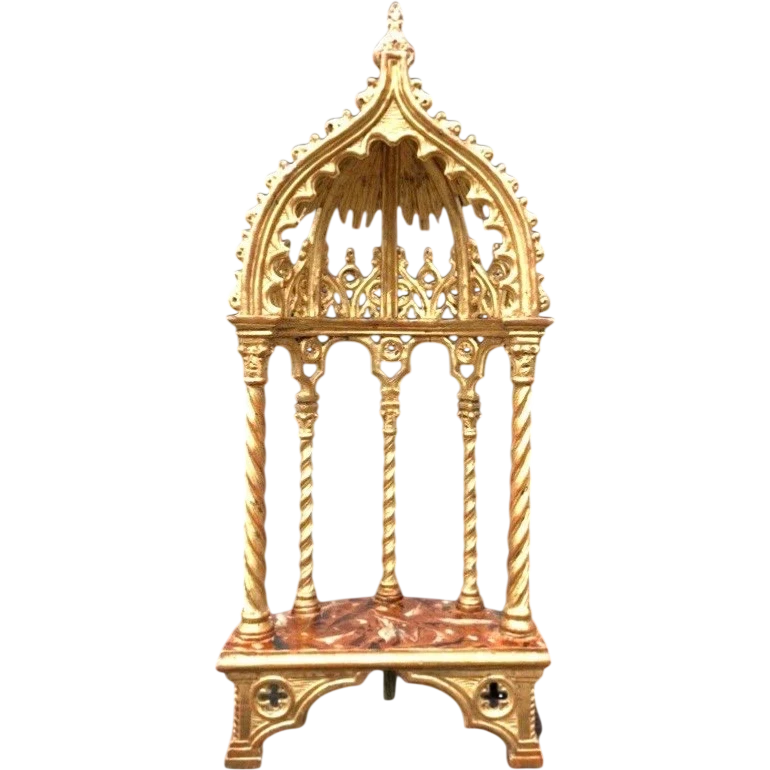 Supporto tipo ‘baldacchino’ neogotico in legno e foglia oro con base marmorizzata.