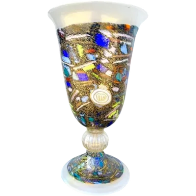 A lamp shaped like a goblet-shaped vase, featuring mosaic tiles, murrine, and gold leaf. One-of-a-kind piece.